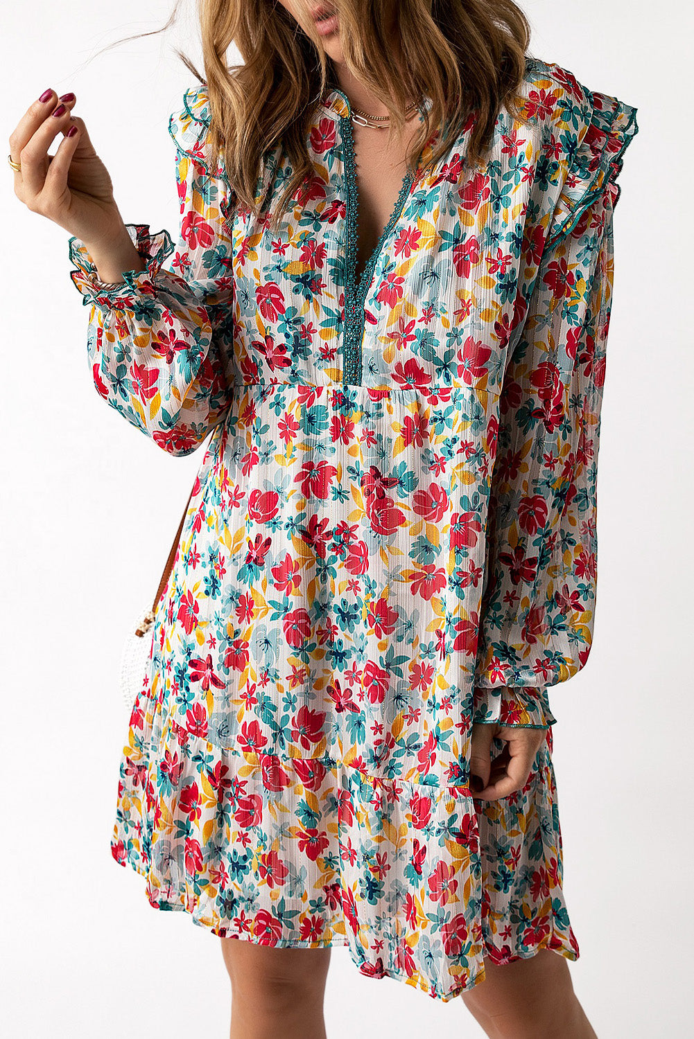 Green Ruffled Lace V Neck Floral Dress