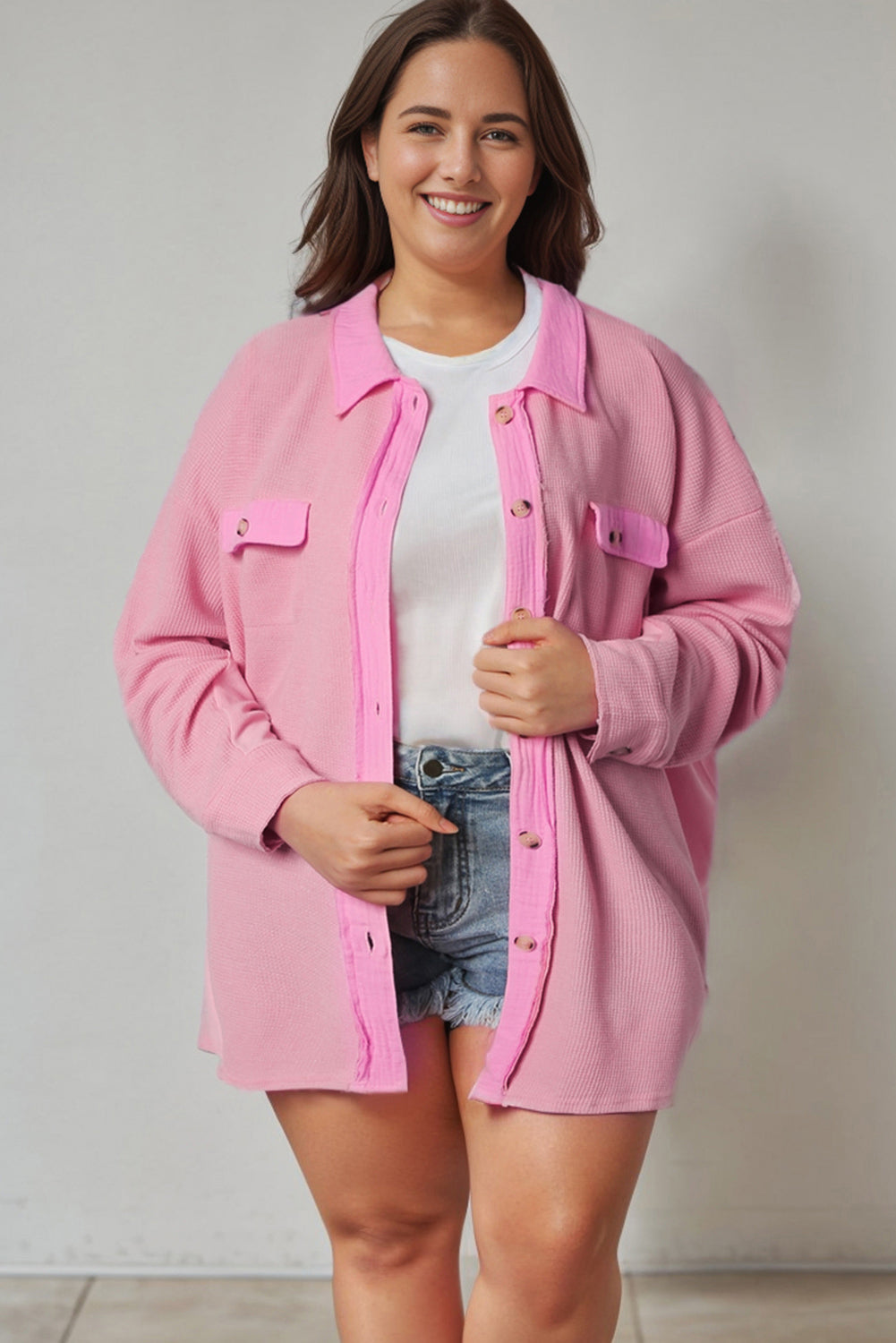 Pink Plus Size Waffle Knit Exposed Seam Shirt