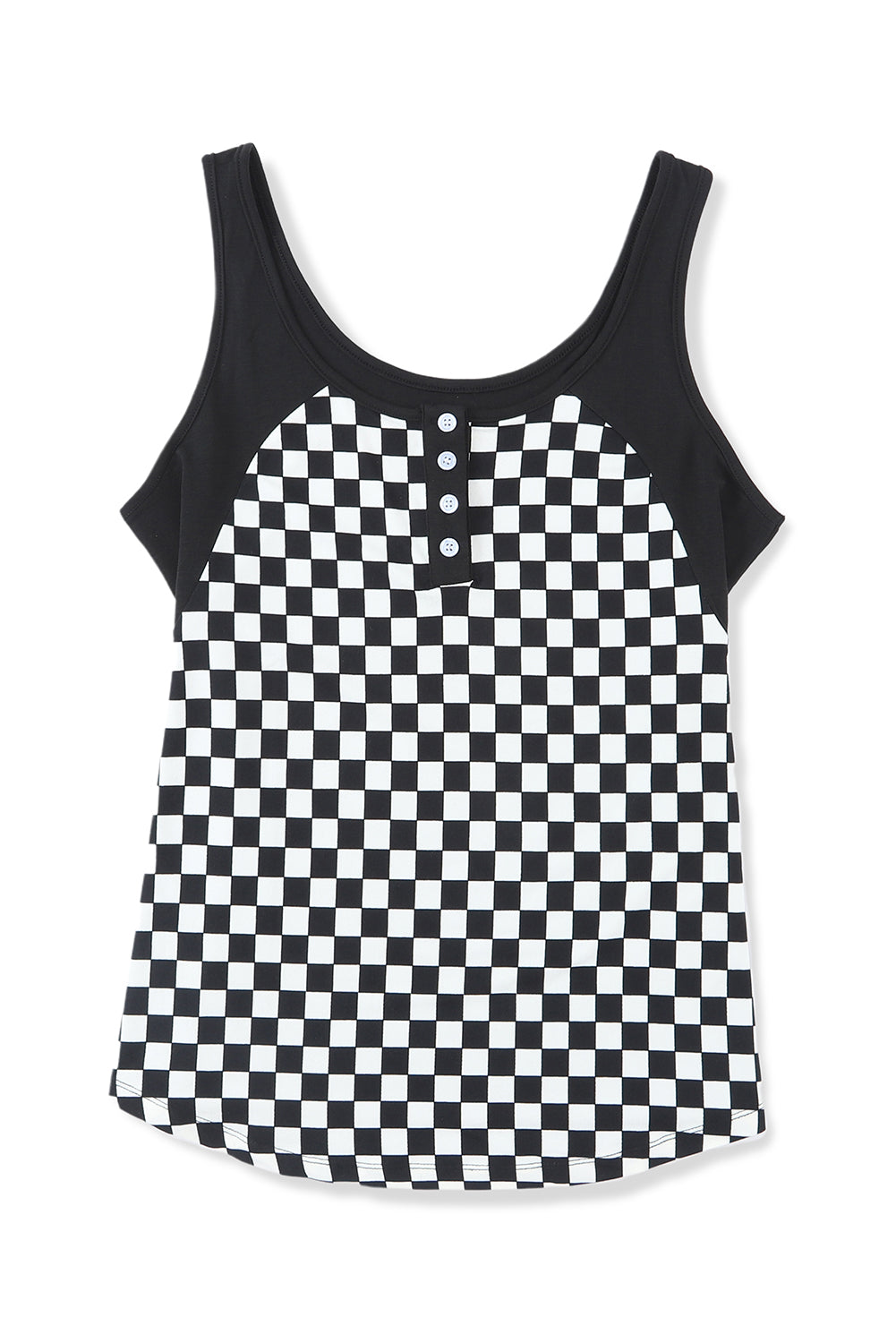 Black Plaid Patchwork Buttoned U Neck Tank Top