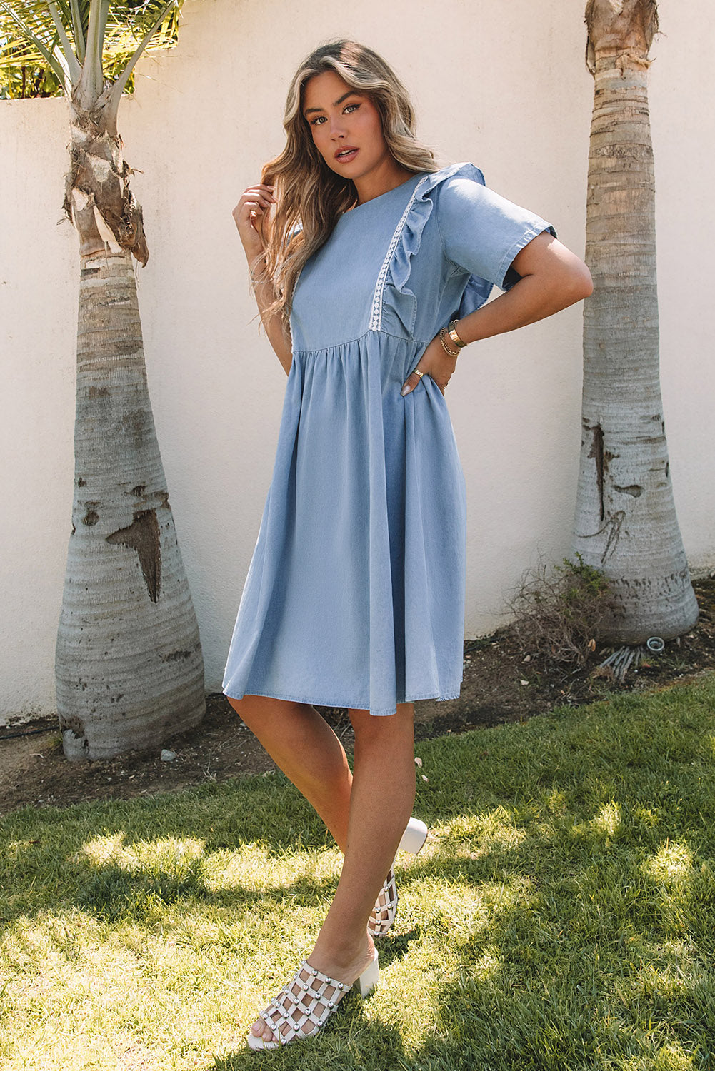 Sky Blue Ruffle Chambray Midi Dress