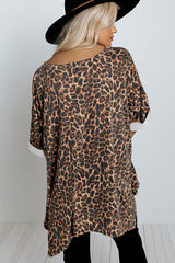 V Notch Rolled Cuffs Loose Leopard Top