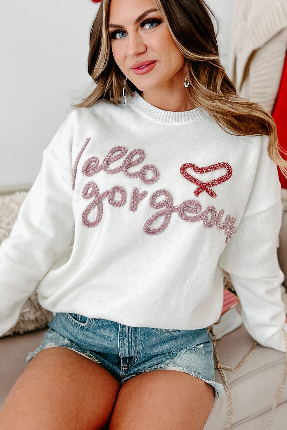 White Hello gorgeous Graphic Ribbed Trim Sweater