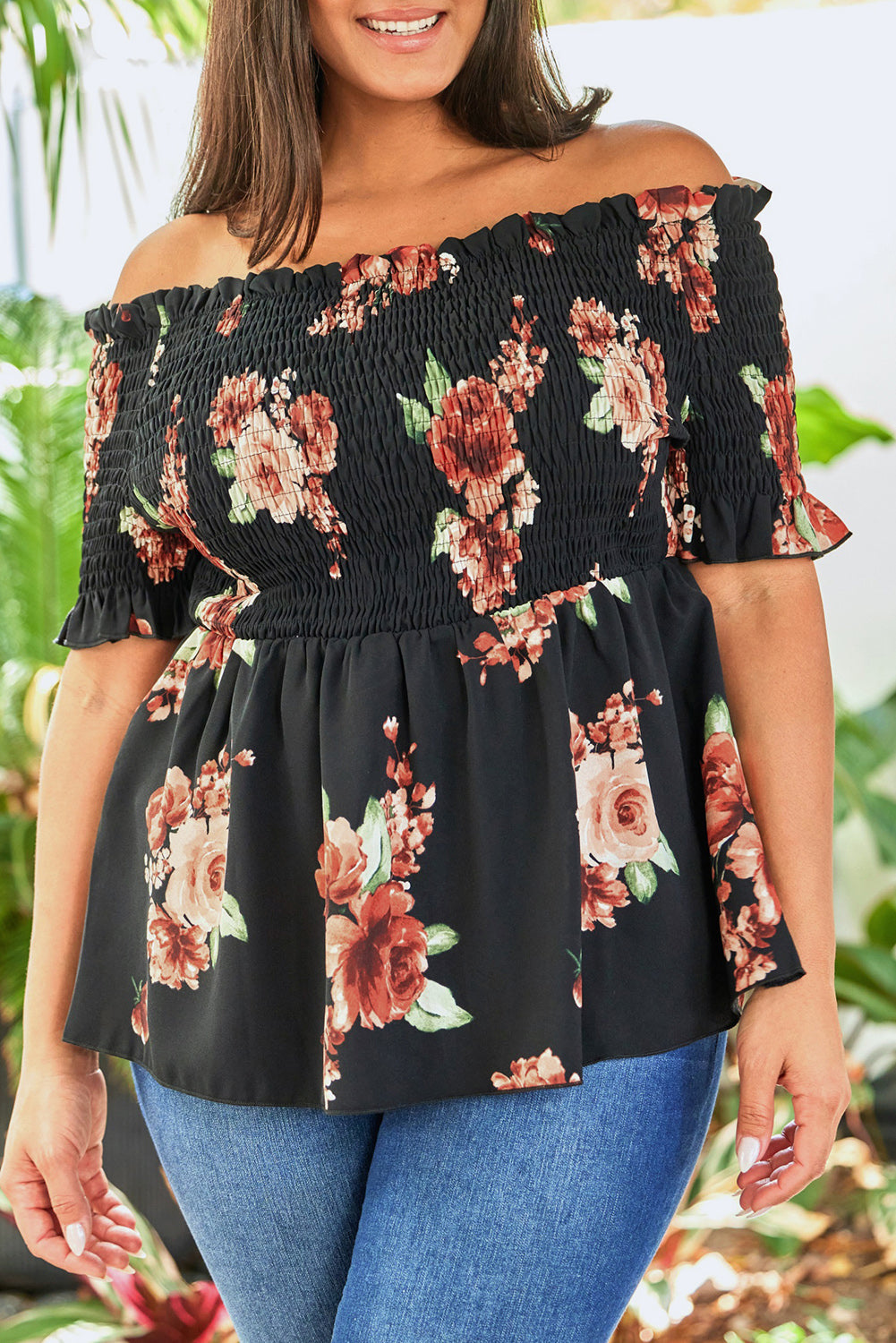 Black Floral Smocked Off Shoulder Plus Size Blouse