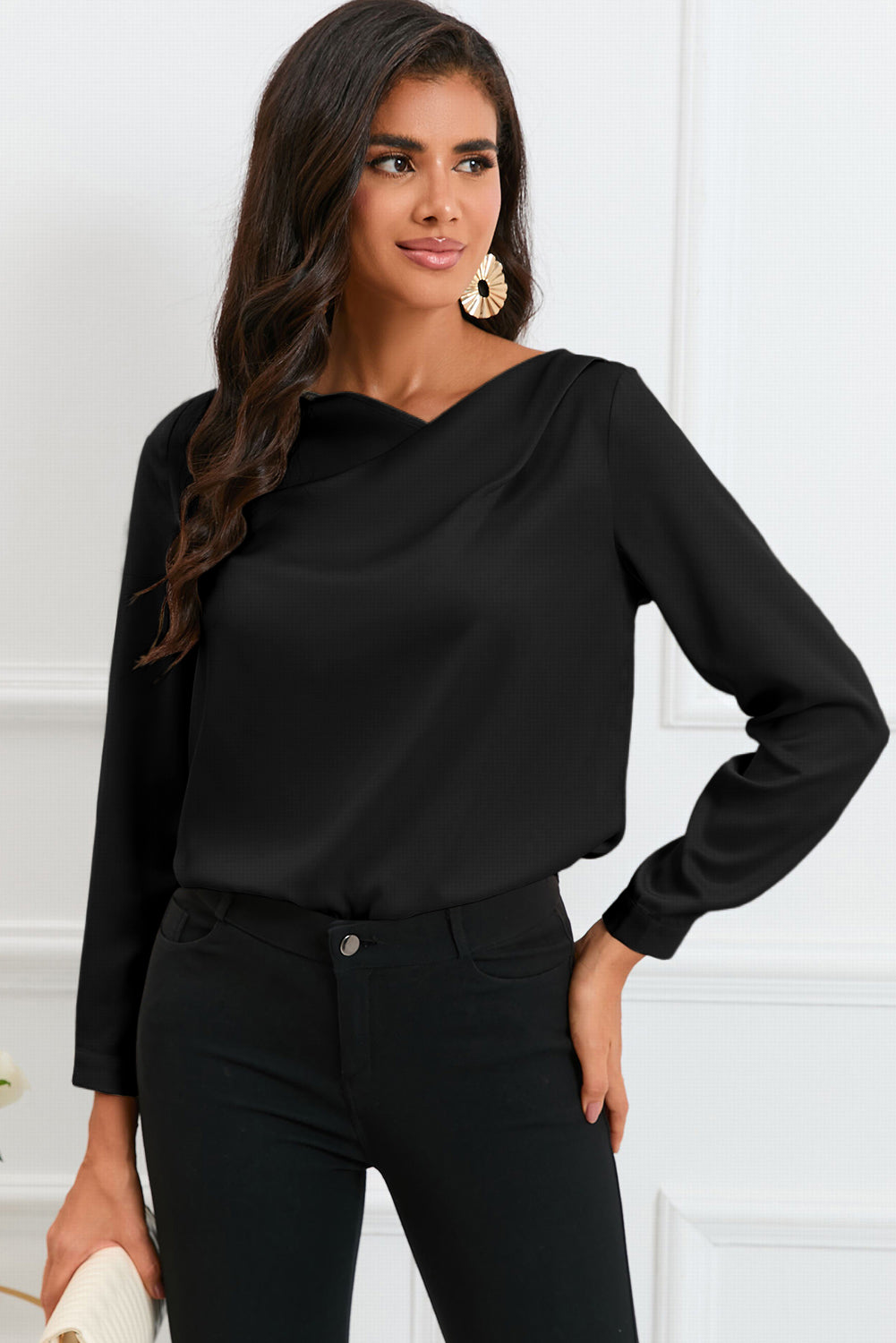 Apricot Solid Asymmetric V Neck Long Sleeve Satin Blouse