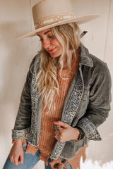 Gray Contrast Snakeskin Trim Pocketed Corduroy Jacket