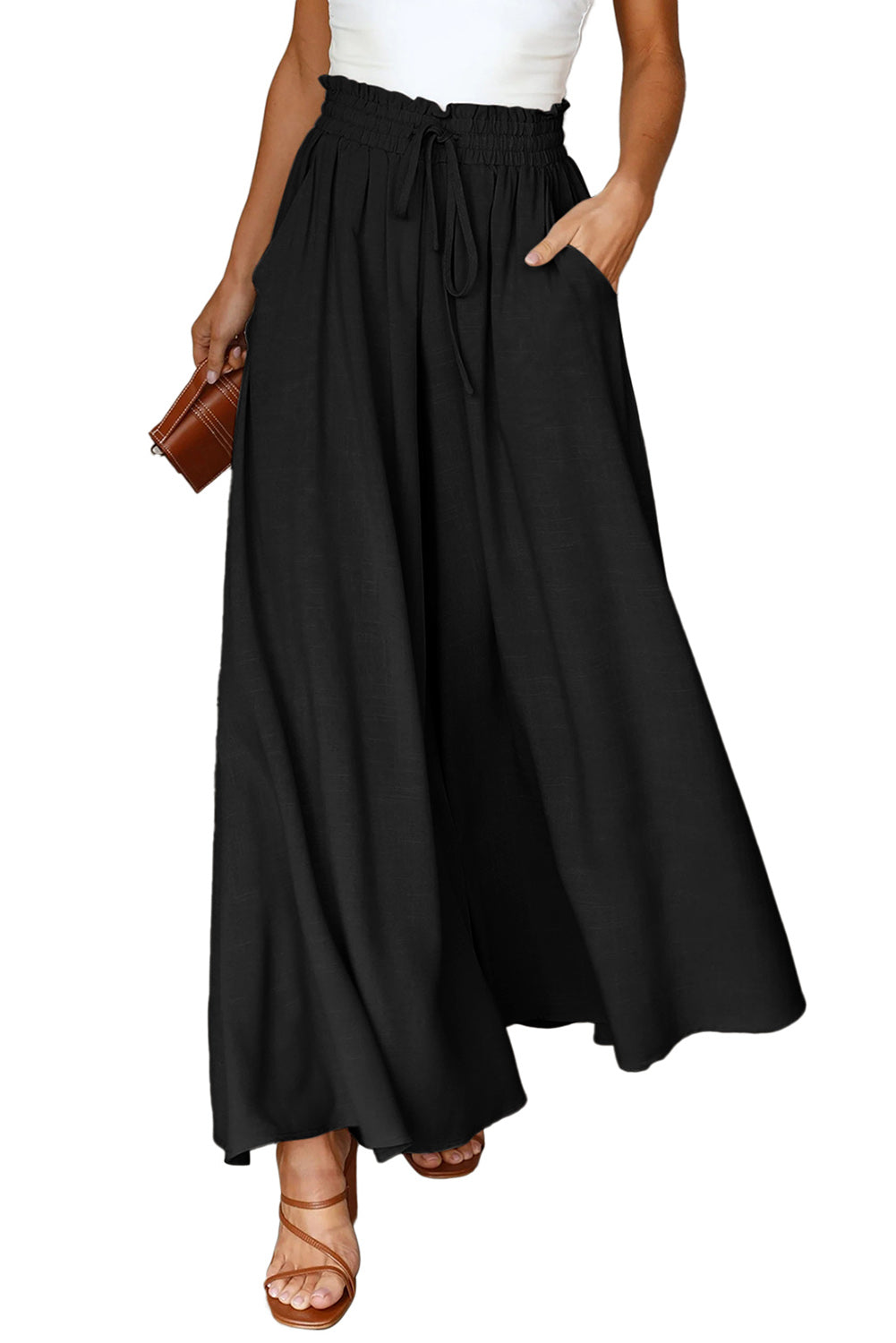Beige Drawstring Smocked High Waist Wide Leg Pants