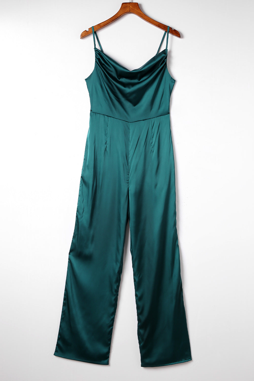 Green Spaghetti Straps Cowl Neck Satin Jumpsuit