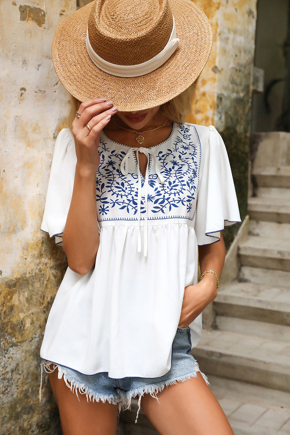 White Casual Tie Front Floral Print Flounce Sleeve Top