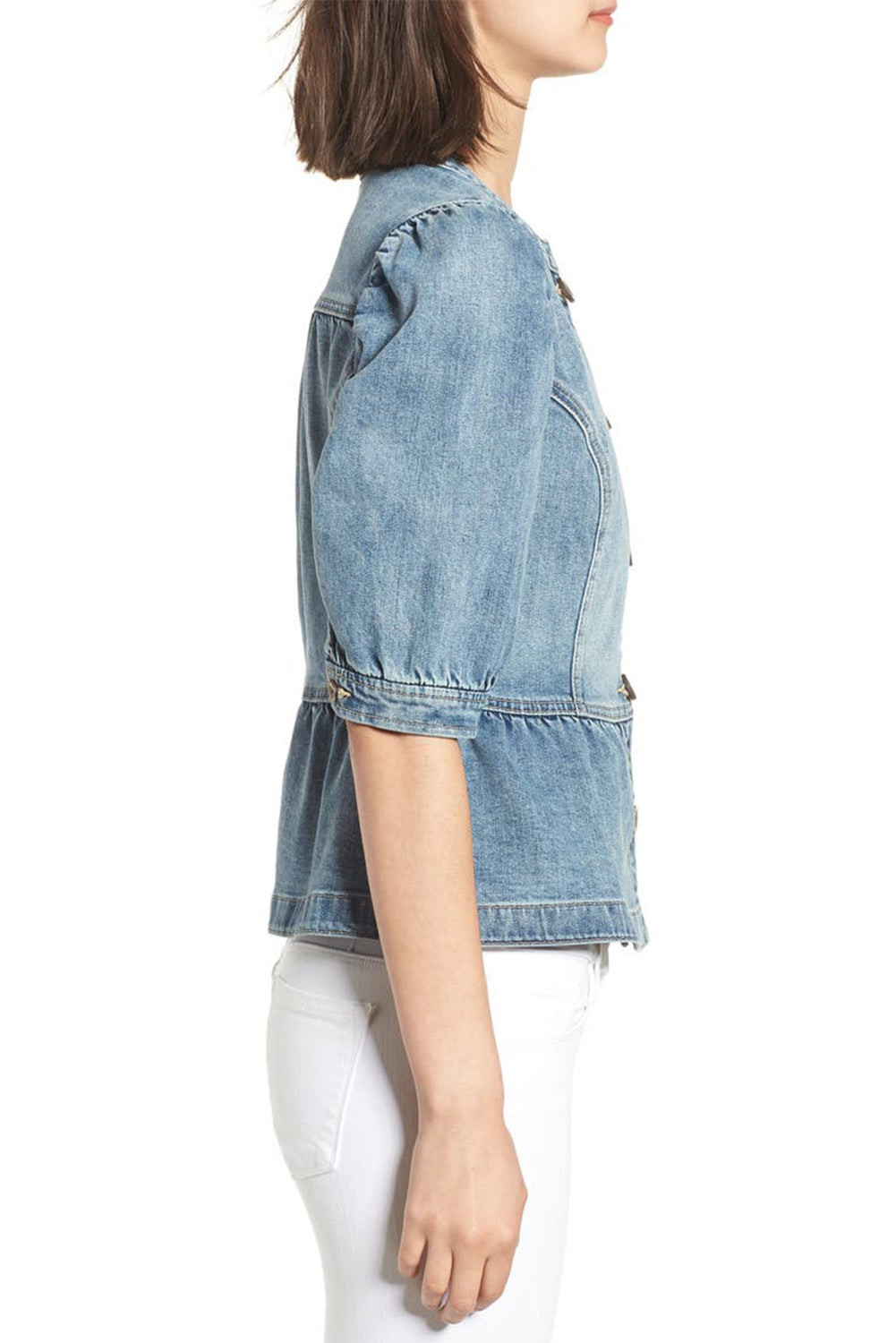 Sky Blue Half Sleeves Peplum Denim Jacket