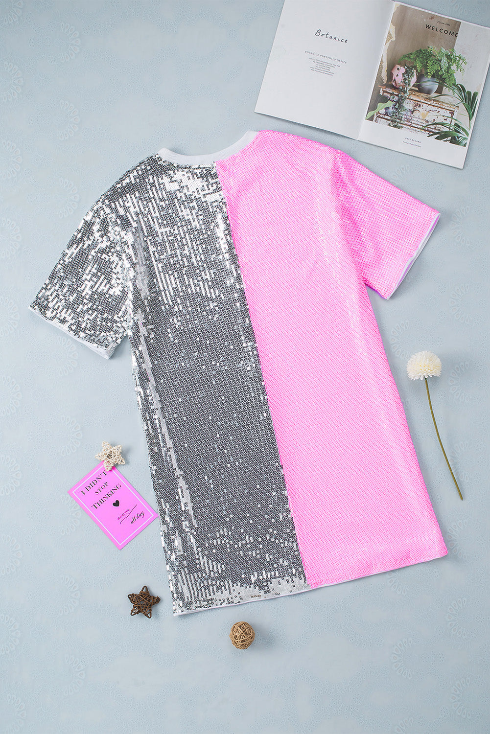 Pink Sequin Color Block Half Sleeve Shift Mini Dress