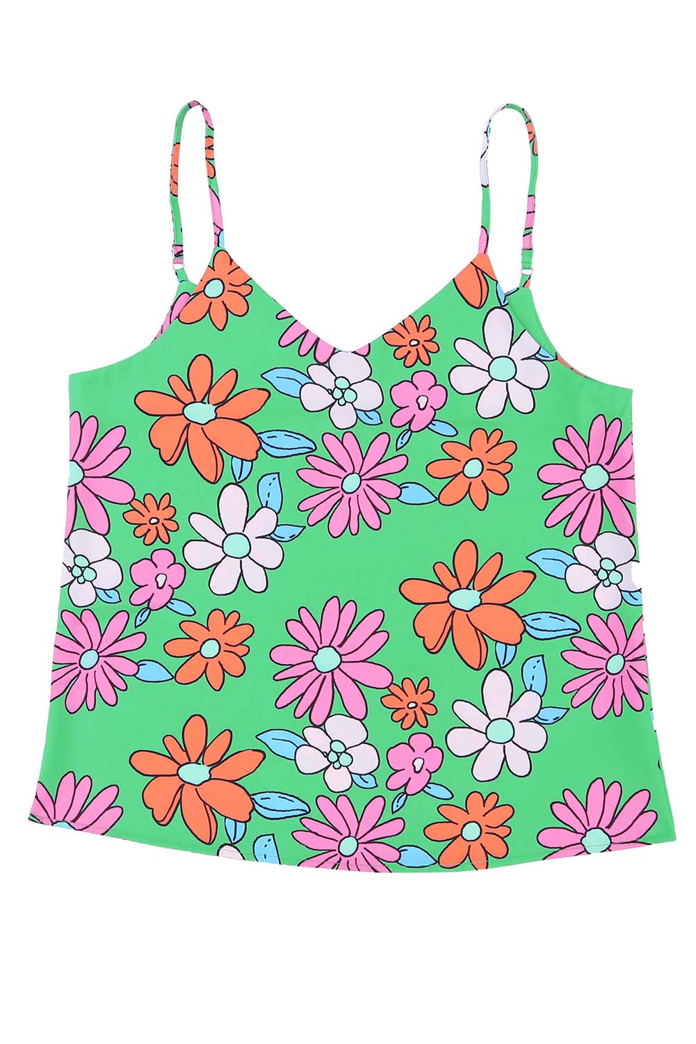 Green Adjustable Spaghetti Straps Floral Print Tank Top