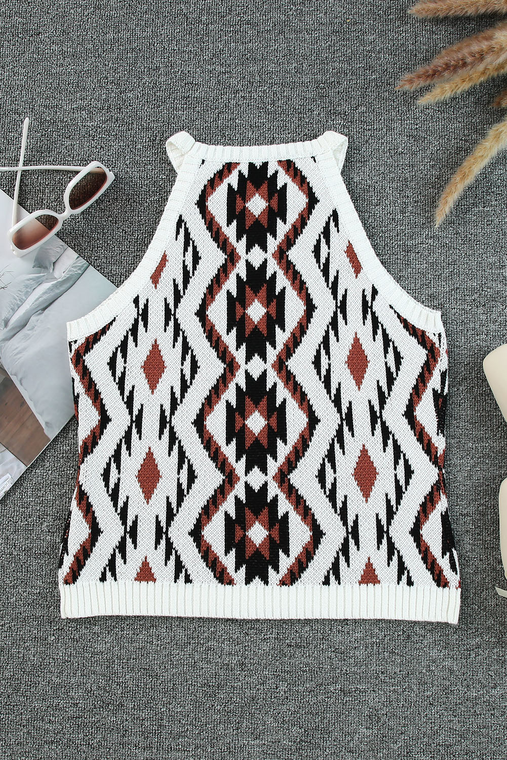 Black Aztec Geometric Print Knitted Tank Top