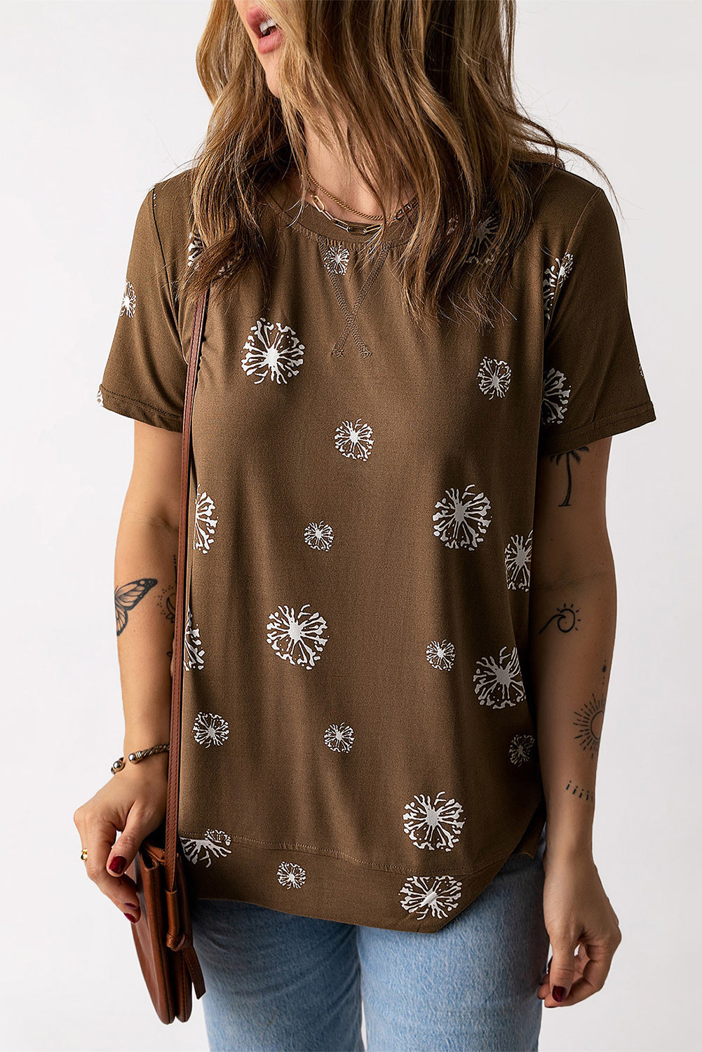 Brown Dandelion Print Crew Neck T-shirt