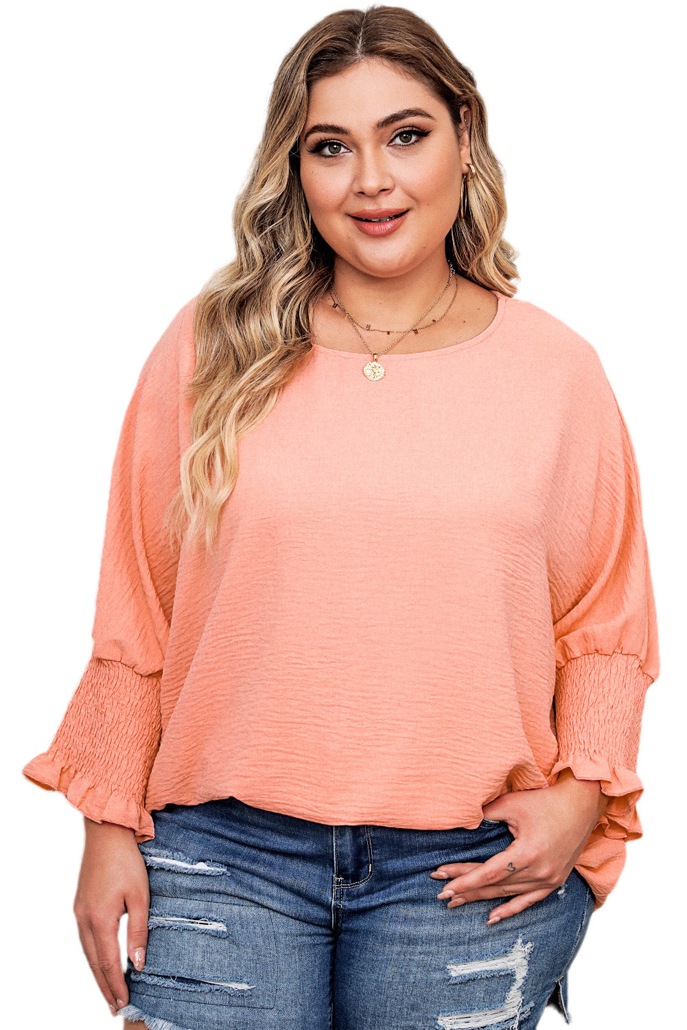 Pink Plus Size Shirred Cuffs Shift Loose Top