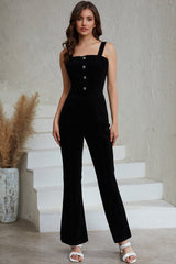 Black Sleeveless Buttoned Bodice Wide Leg Corduroy Jumpsuit