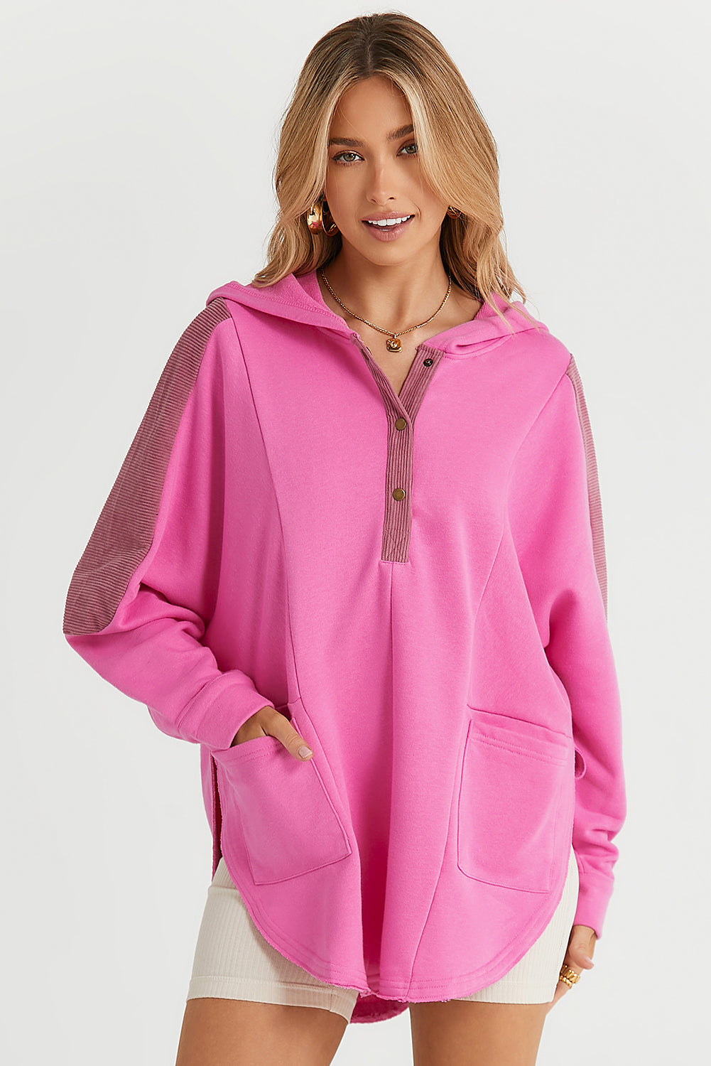 Rose Patchwork Side Pockets Oversized Henley Hoodie