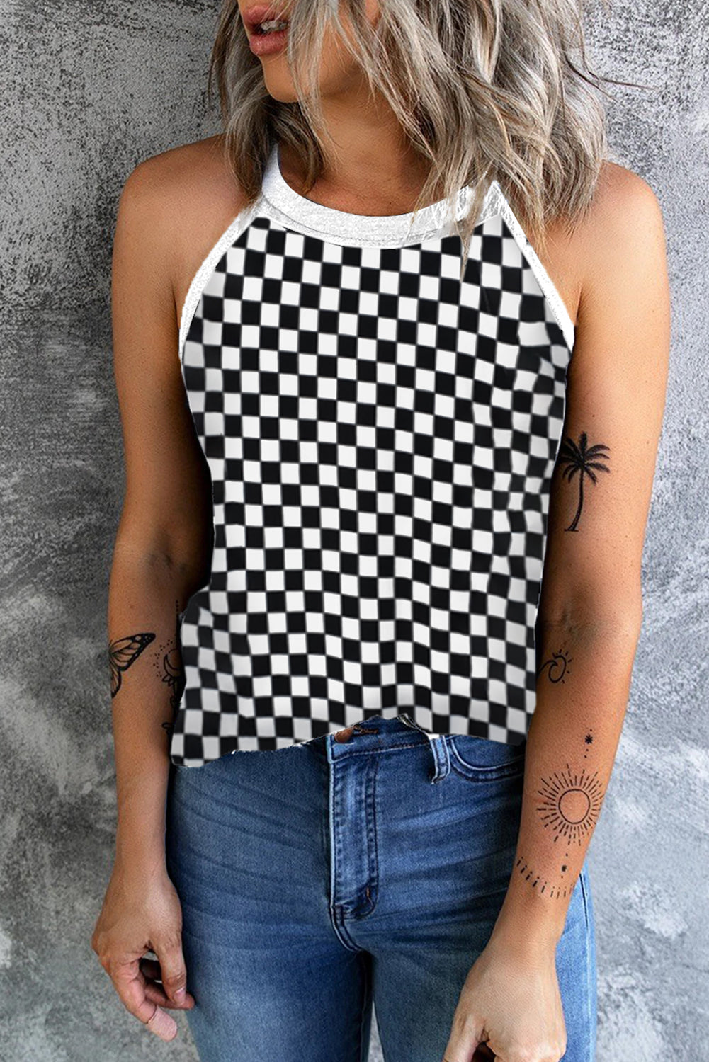 Black Plaid O Neck Sleeveless Tank Top