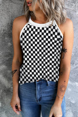 Black Plaid O Neck Sleeveless Tank Top