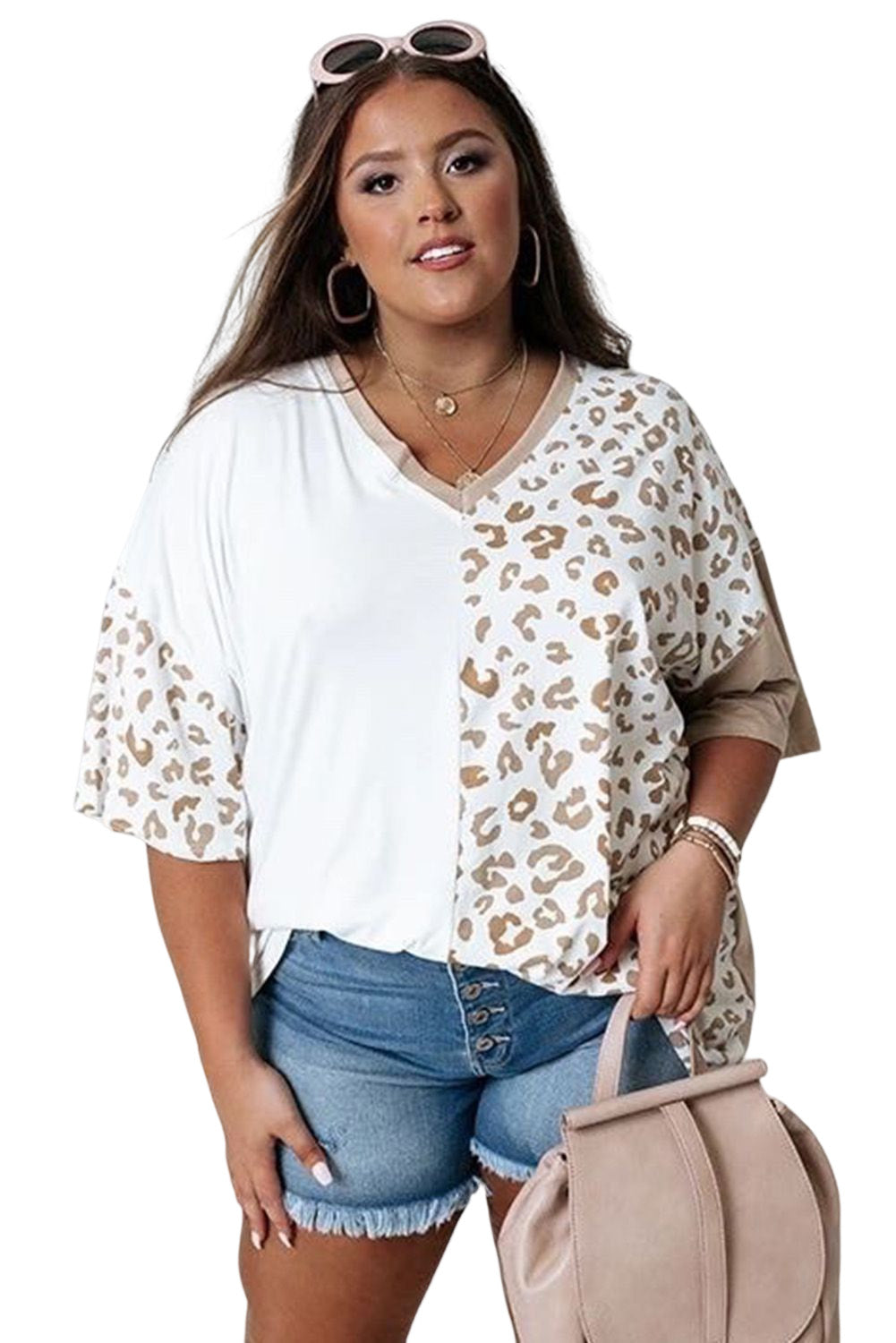 White Plus Size Leopard Patchwork Short Sleeve Top