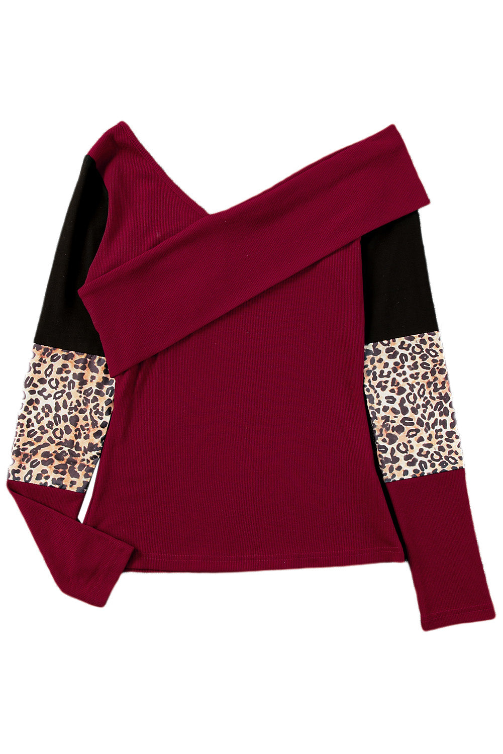 Red Leopard Color Block Ribbed Cross Wrap Top