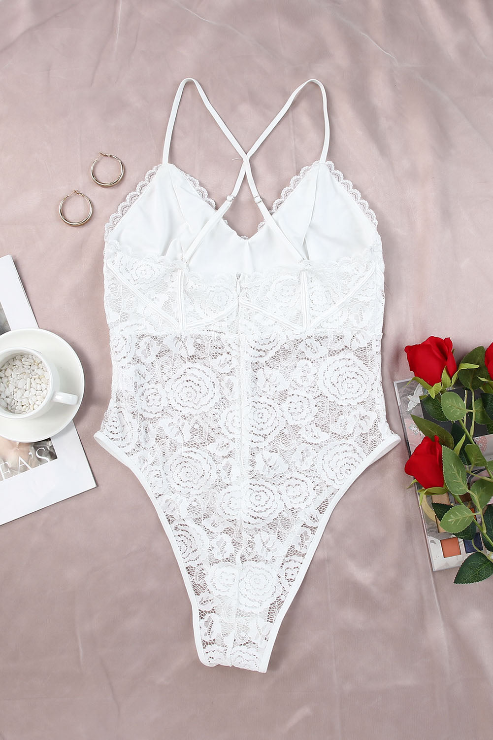 White Crisscross Back Soft Bone Floral Lace Crochet Bodysuit