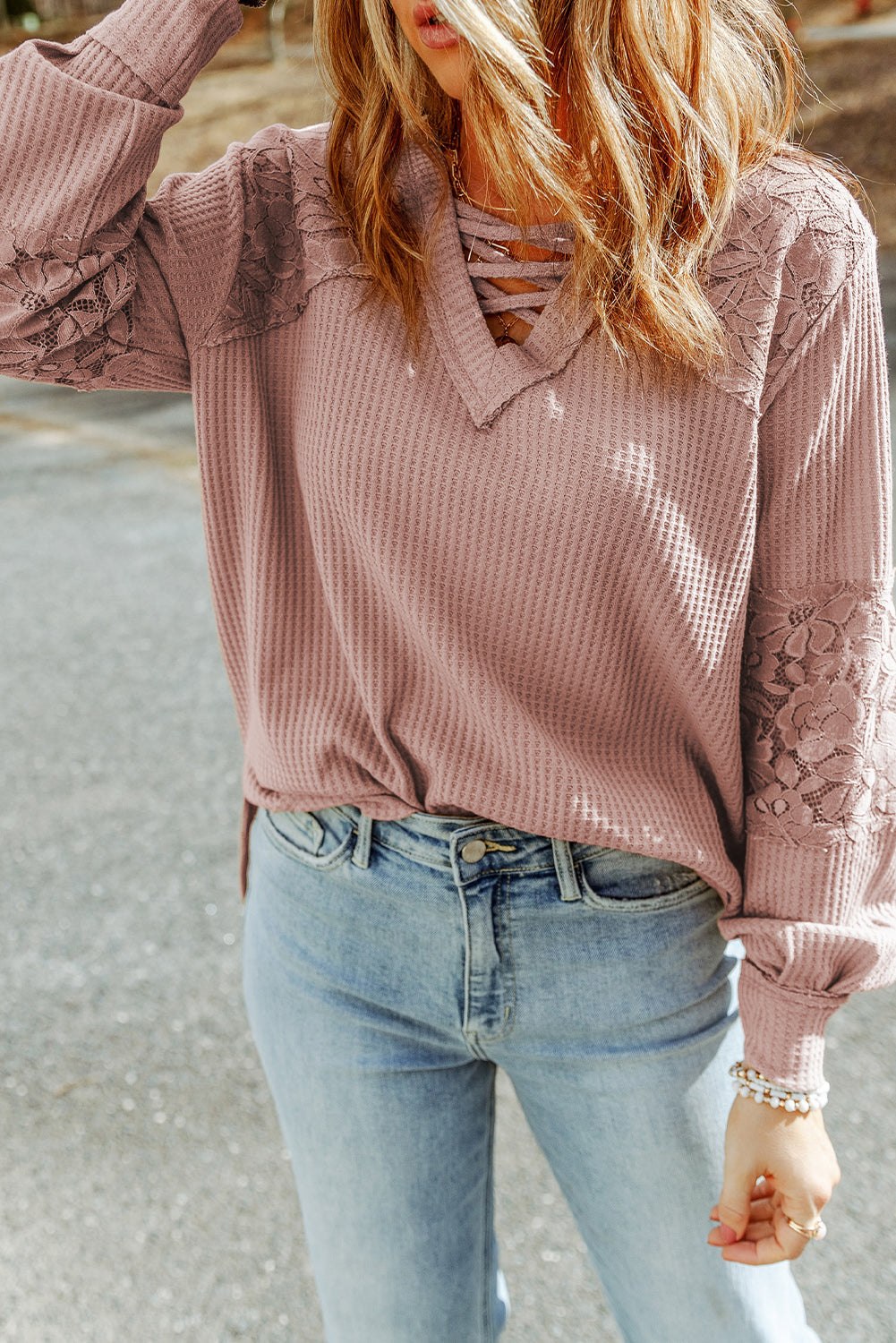 Pink Lace Waffle Patchwork Strappy V Neck Long Sleeve Top