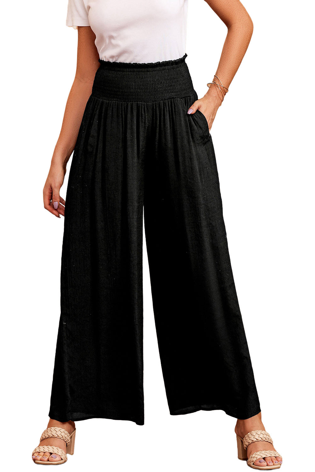 Black Frill Smocked High Waist Flowy Wide Leg Pants