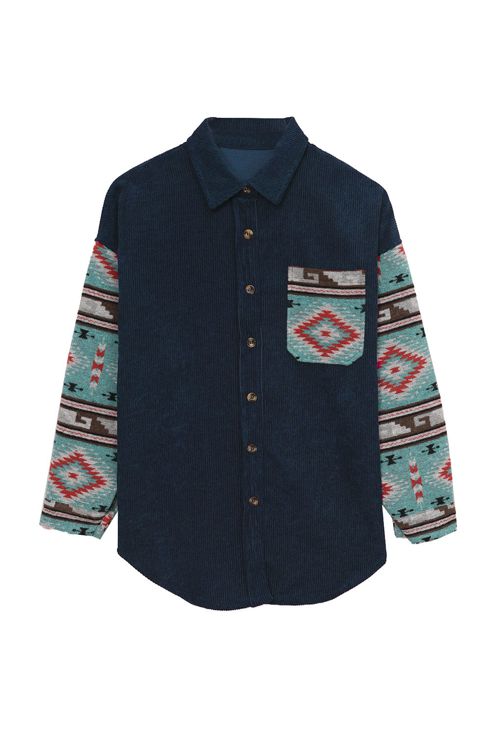 Gray  Aztec Pattern Sleeve Pocketed Corduroy Shacket