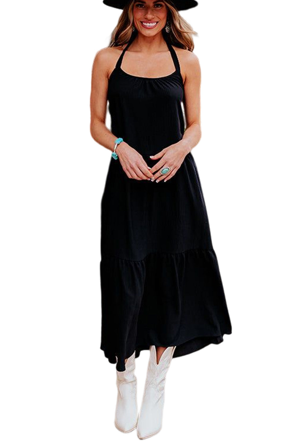 Black Halter Neck Backless Midi Dress