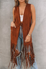 Brown Faux Suede Cowgirl Fringed Sleeveless Long Cardigan