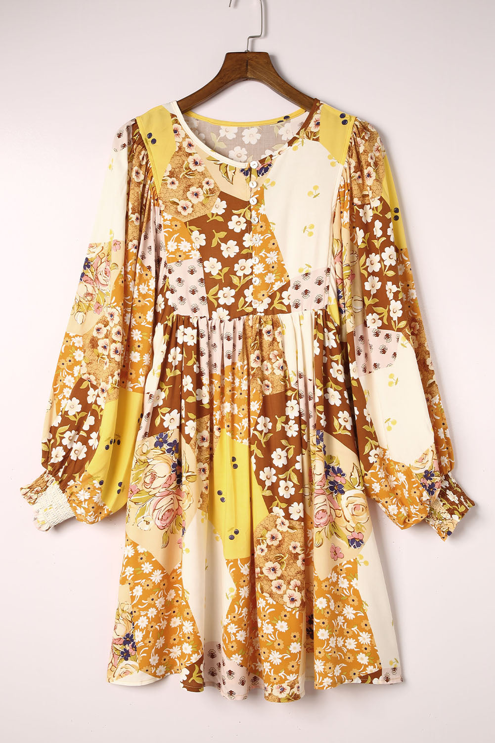 Yellow Floral Buttoned Pleated Long Sleeve Babydoll Dress