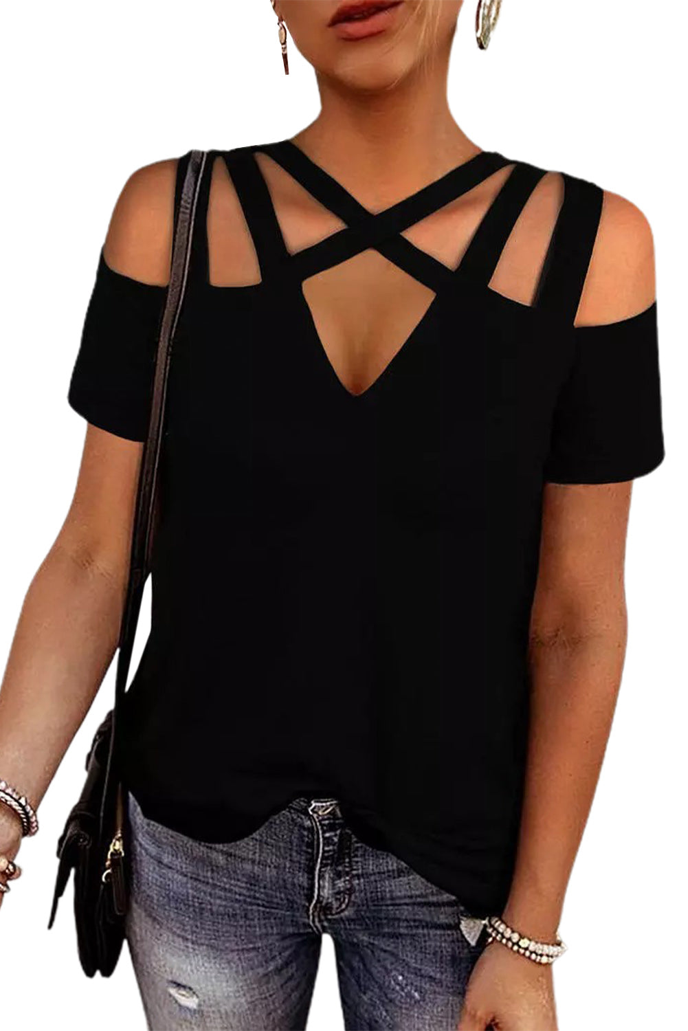 Black Criss-Cross Cut Out Short Sleeve Top