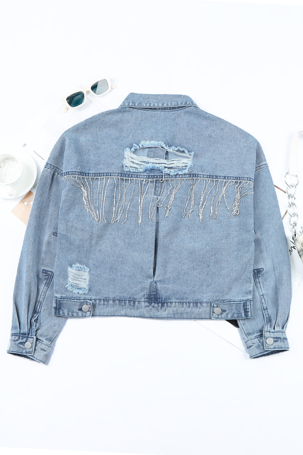 Sky Blue Rhinestone Fringe Denim Jacket