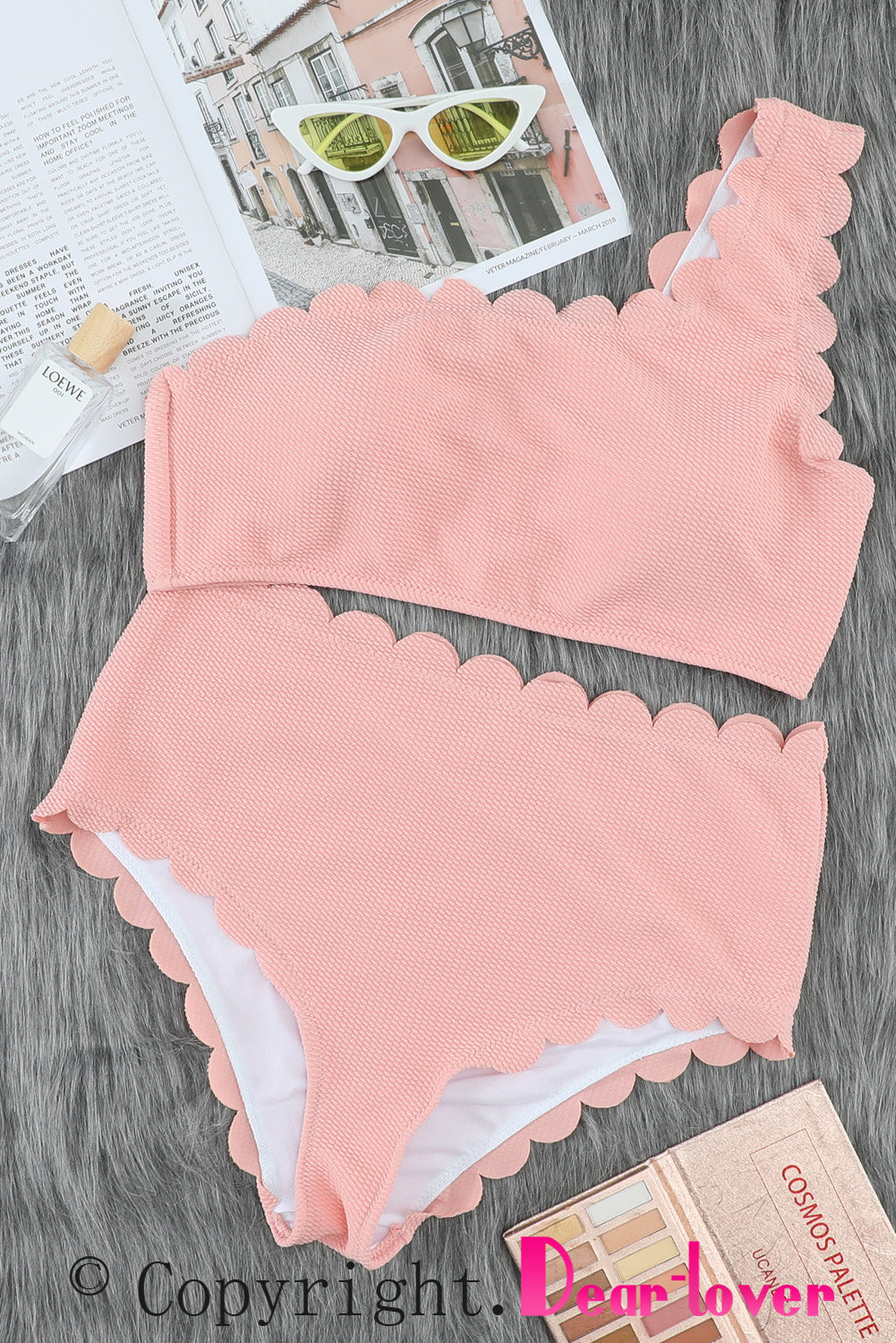 Pink High Waist Scalloped Trim One Shoulder Bikini