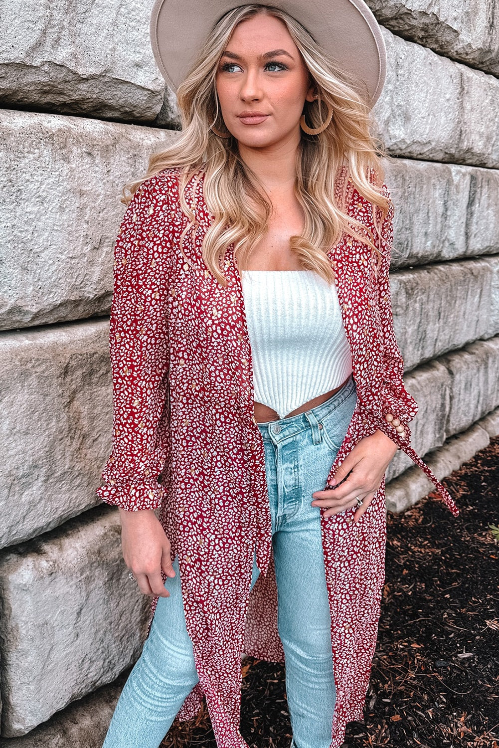 Red Dotted Print Tie Waist Long Cover Up