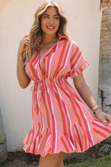 Red Stripe Print Rolled Short Sleeve V Neck Mini Dress