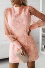 Pink Floral Lace Crochet Sheer Puff Sleeve Mini Dress