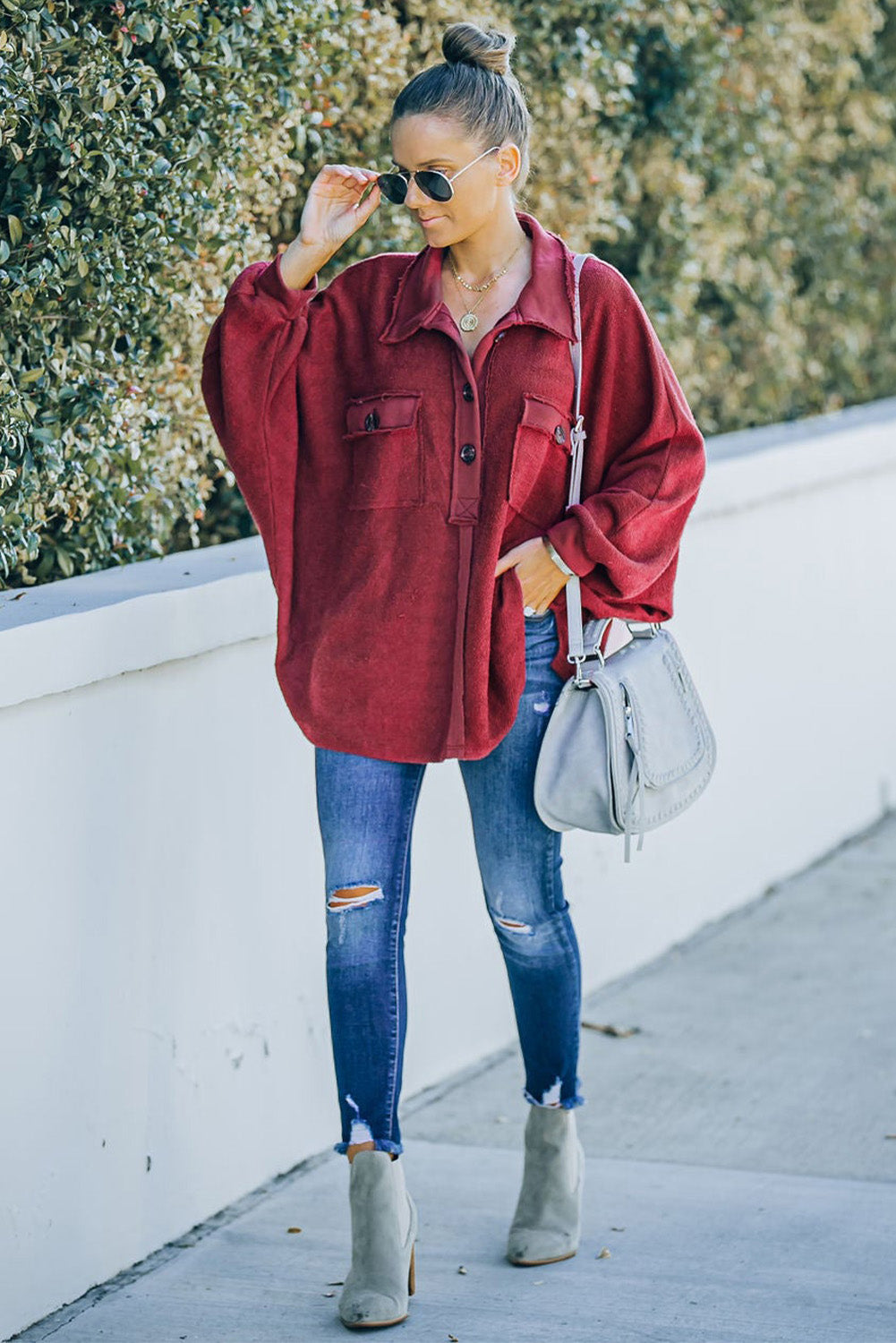 Black Polo Collar Buttoned Patchy Top with Pockets