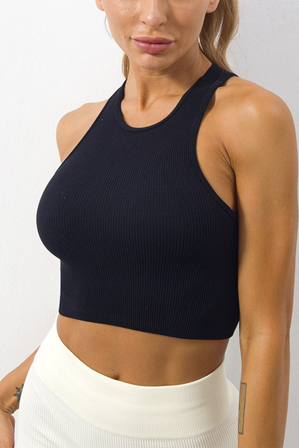 White Ribbed Knit Cropped Yoga Sports Vest