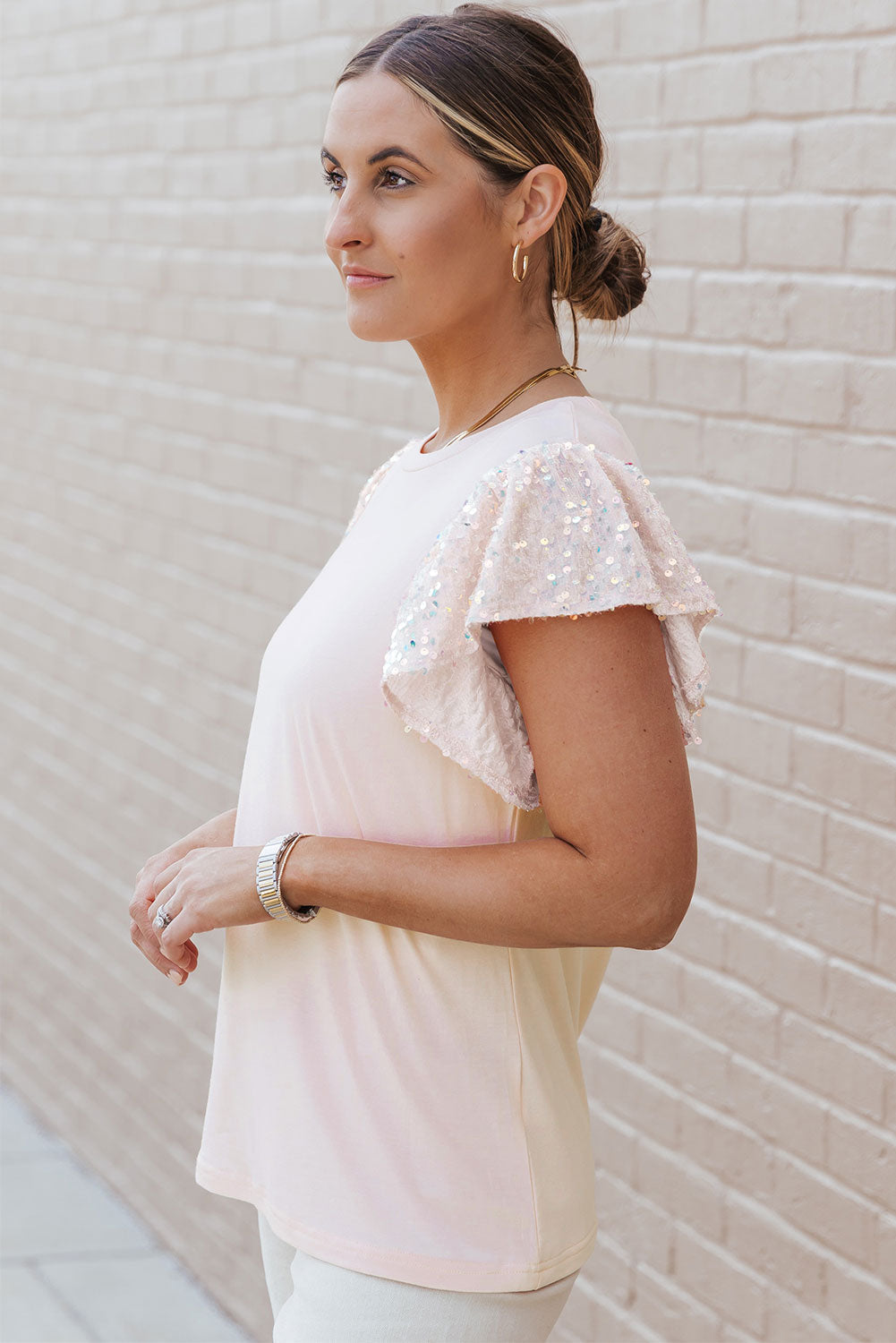 Pink Sequin Sleeves Crew Neck T-Shirt