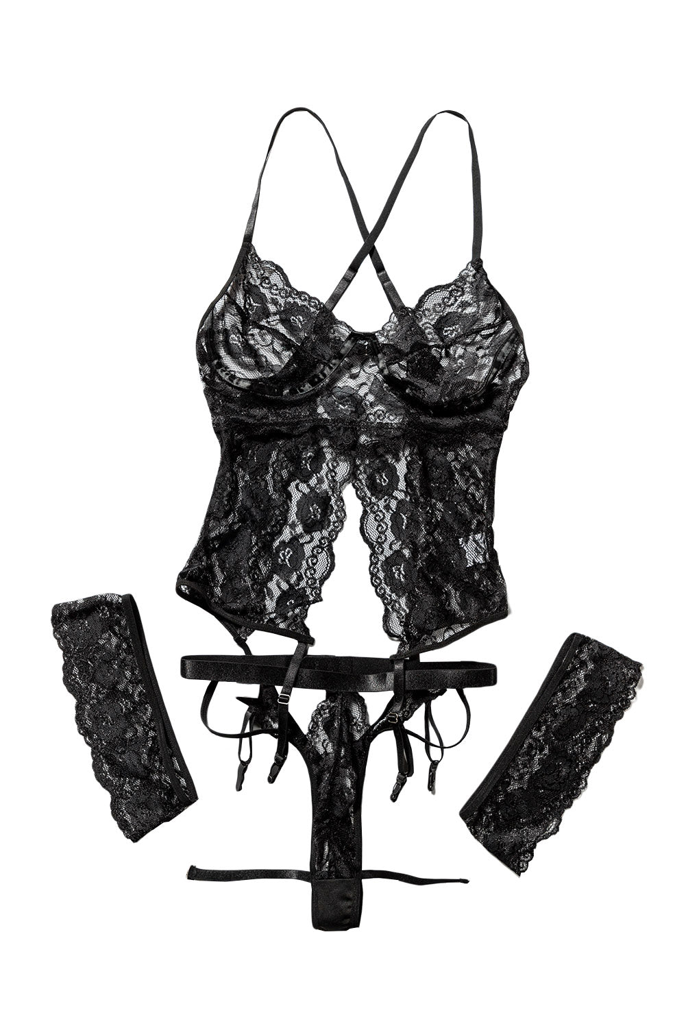 Black Spaghetti Strap Halter Lace Teddy Lingerie