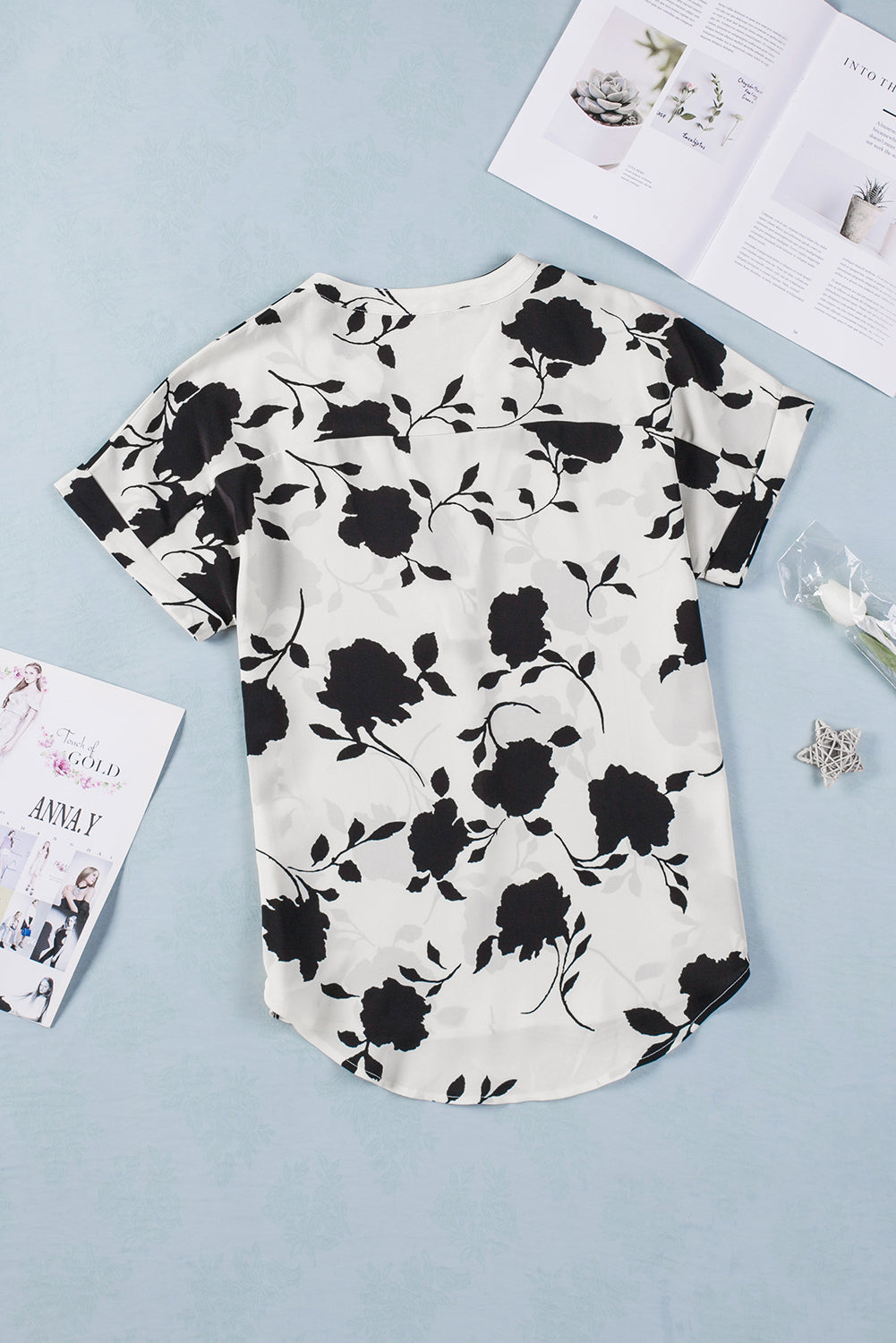 Black Floral Printed Short Sleeve Blouse