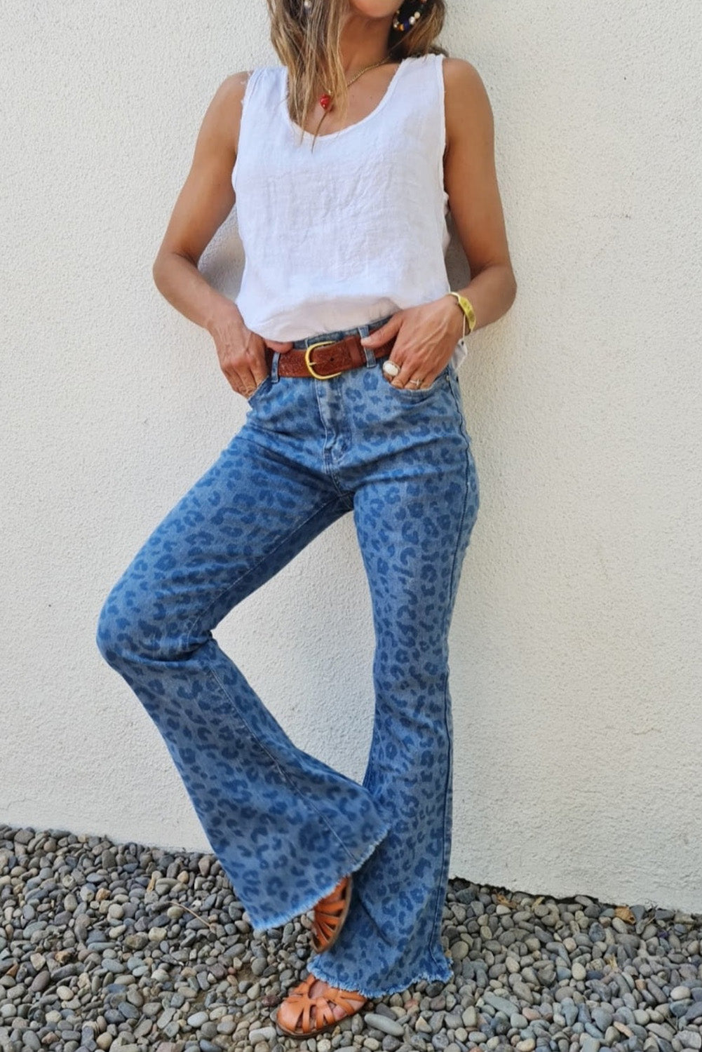 Sky Blue Leopard Print Raw Hem High Waist Flare Jeans