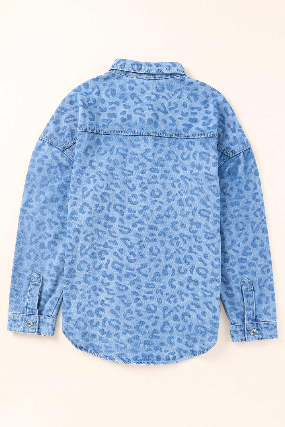 Sky Blue Oversized Leopard Denim Jacket with Pockets