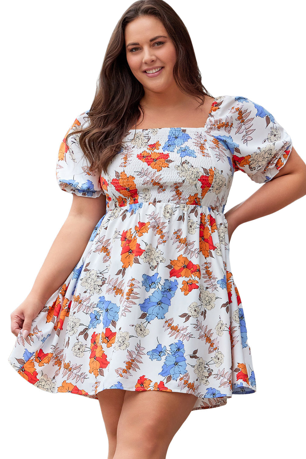 White Floral Smocked Flared Plus Size Dress