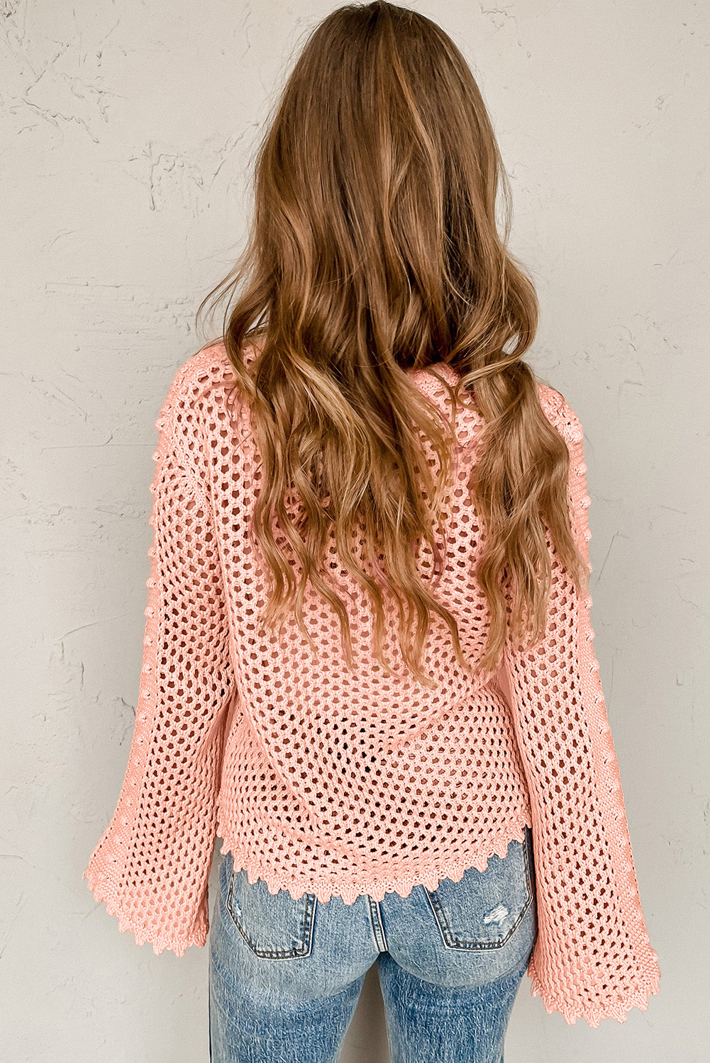 Pink Hollowed Eyelets Knit Bell Sleeve Sweater