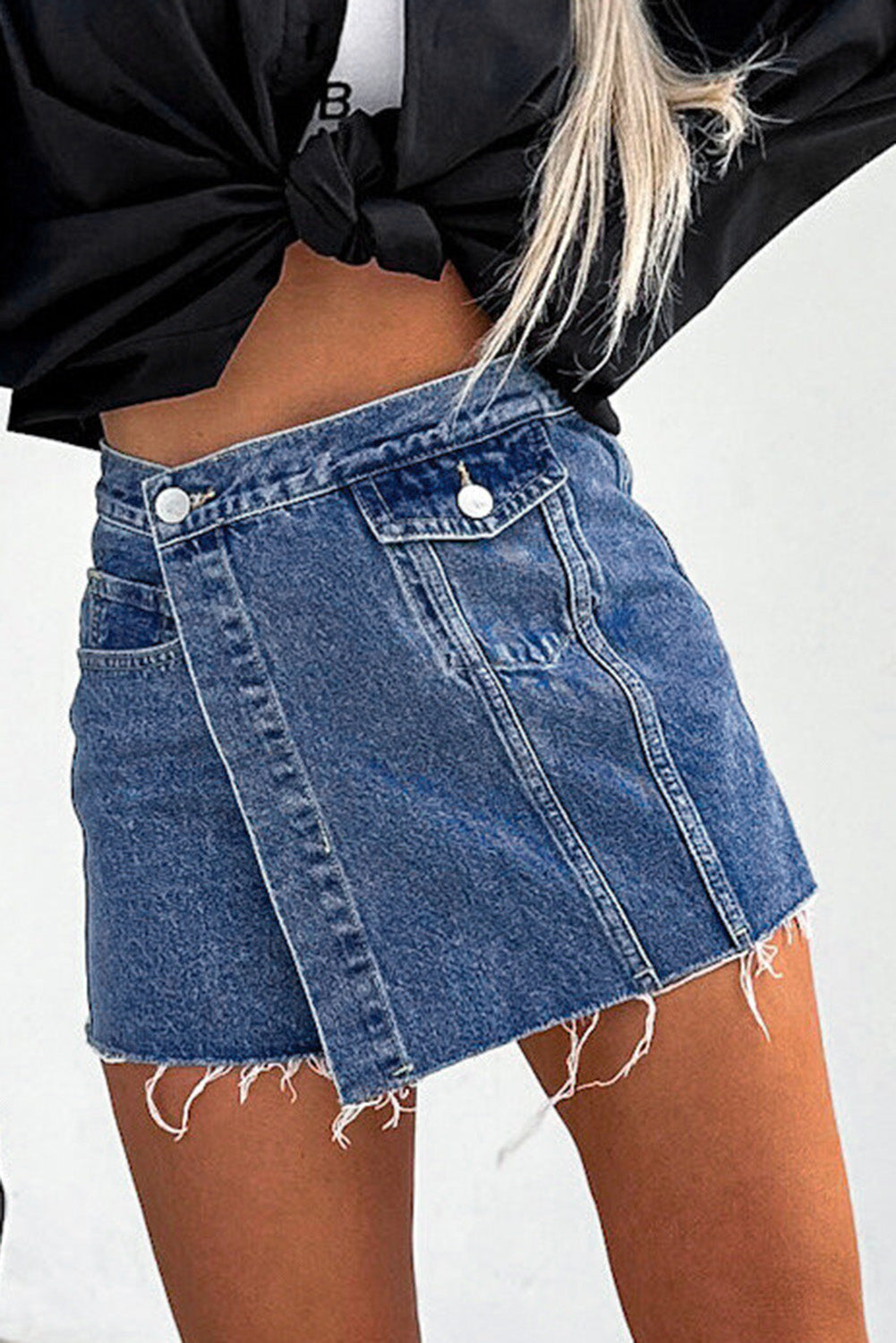 Sky Blue Button Wrap Over Raw Hem Denim Shorts