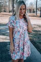 Pink Short Sleeves Floral Print Tiered Ruffled Dress