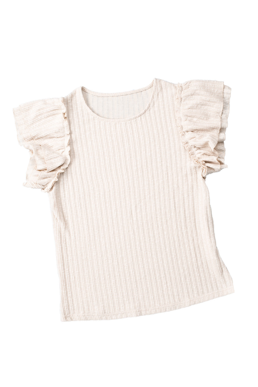 Beige Ruffled Rib Knitted Short Sleeve T Shirt