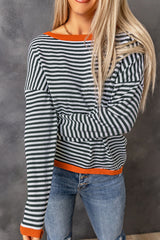 Contrast Trimmed Striped Drop Shoulder Sweater